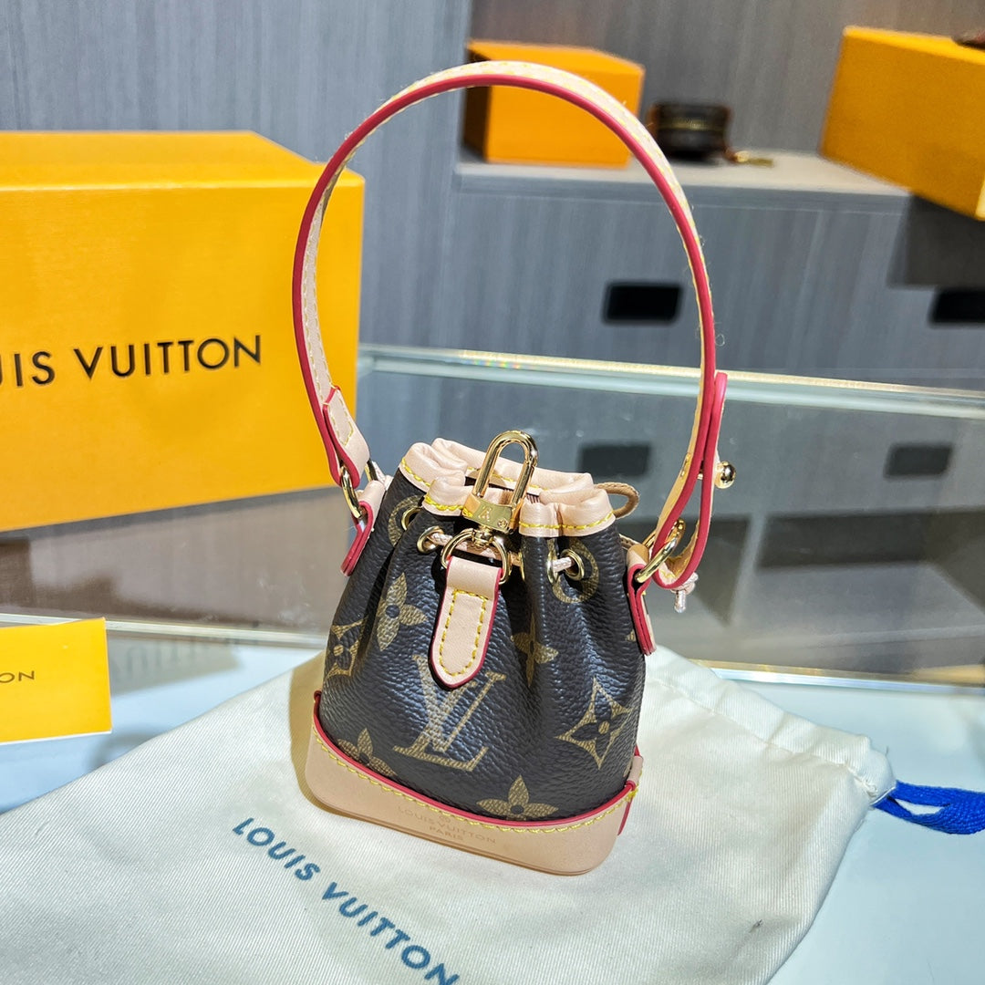 LV Micro Noe Bag Charm Brown Beige Leather