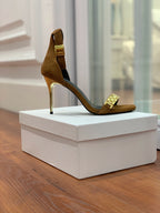 BALMAIN 25S METAL STRAP HIGH HEELS 95MM IN BROWN SUEDE GOLD HARDWARE