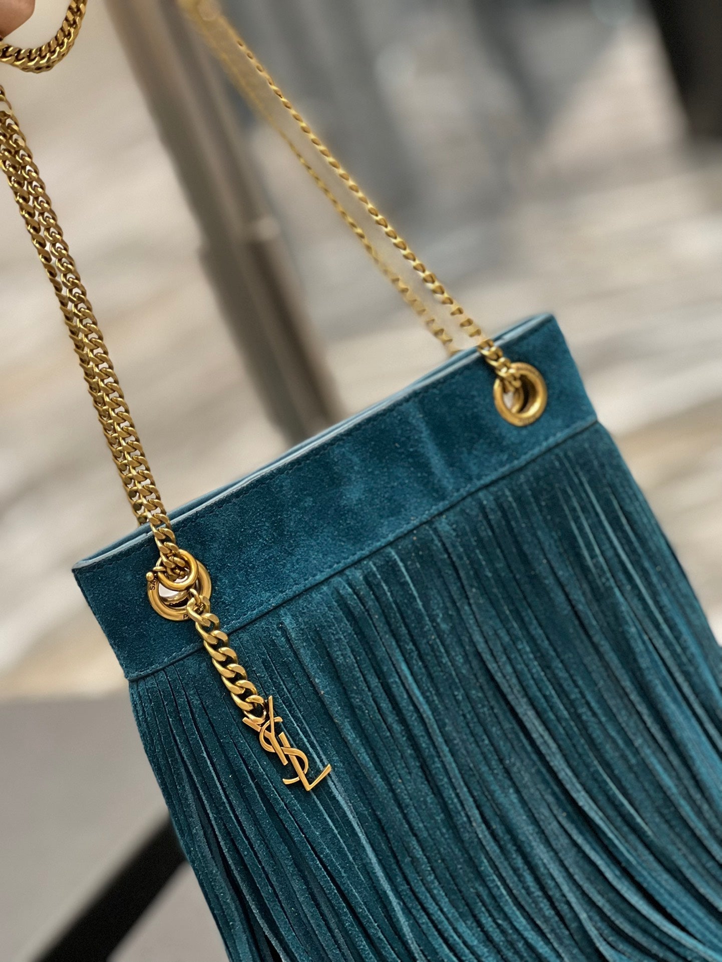 GRACE TASSEL 21 BLUE GREEN SUEDE HOBO BAG