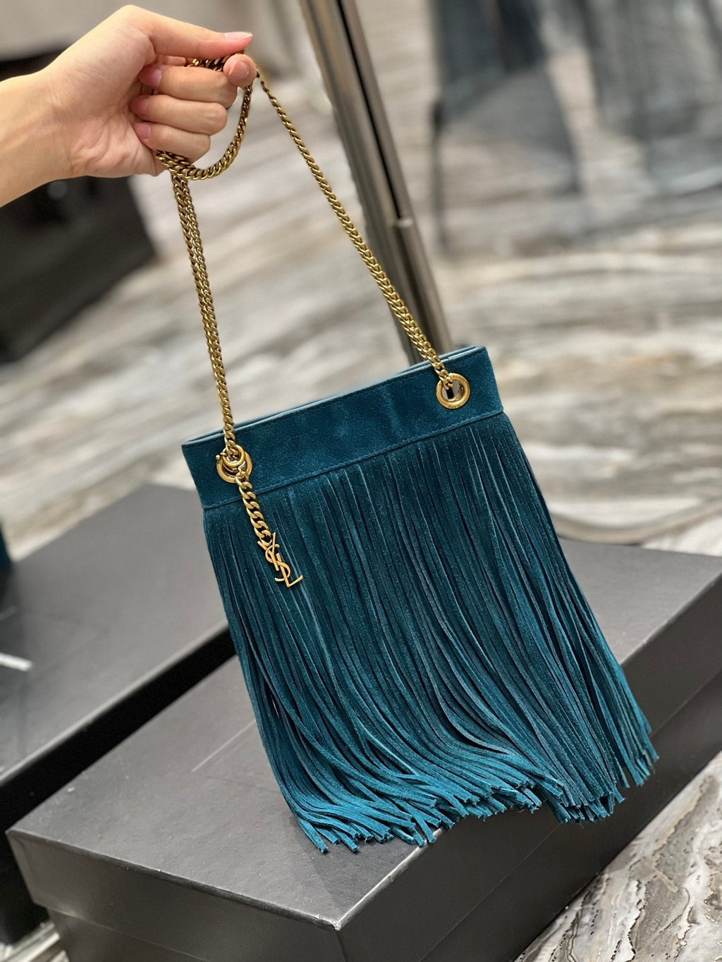 GRACE TASSEL 21 BLUE GREEN SUEDE HOBO BAG