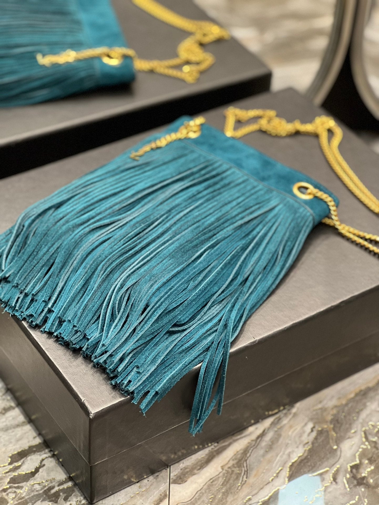 GRACE TASSEL 21 BLUE GREEN SUEDE HOBO BAG