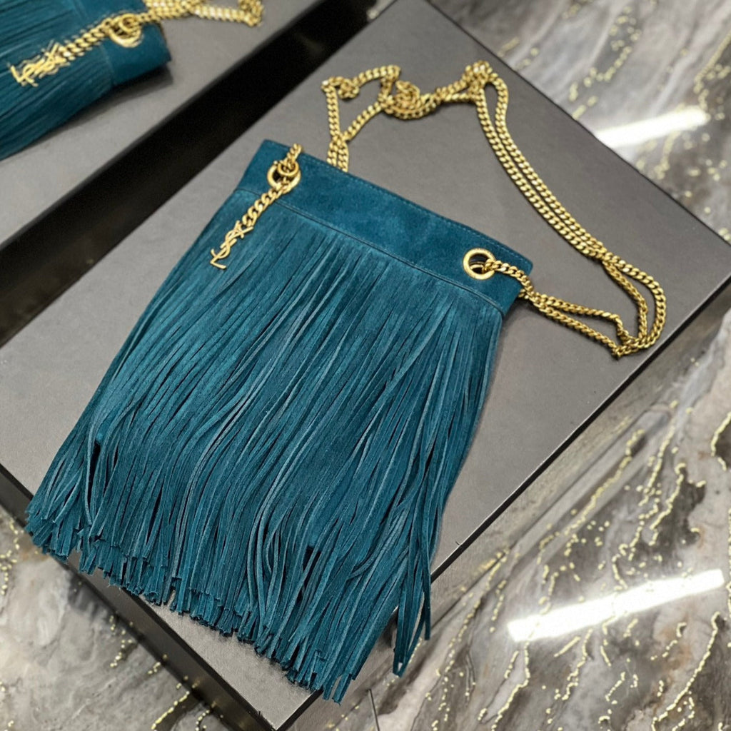 GRACE TASSEL 21 BLUE GREEN SUEDE HOBO BAG