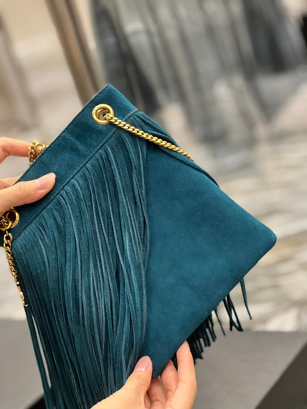 GRACE TASSEL 21 BLUE GREEN SUEDE HOBO BAG