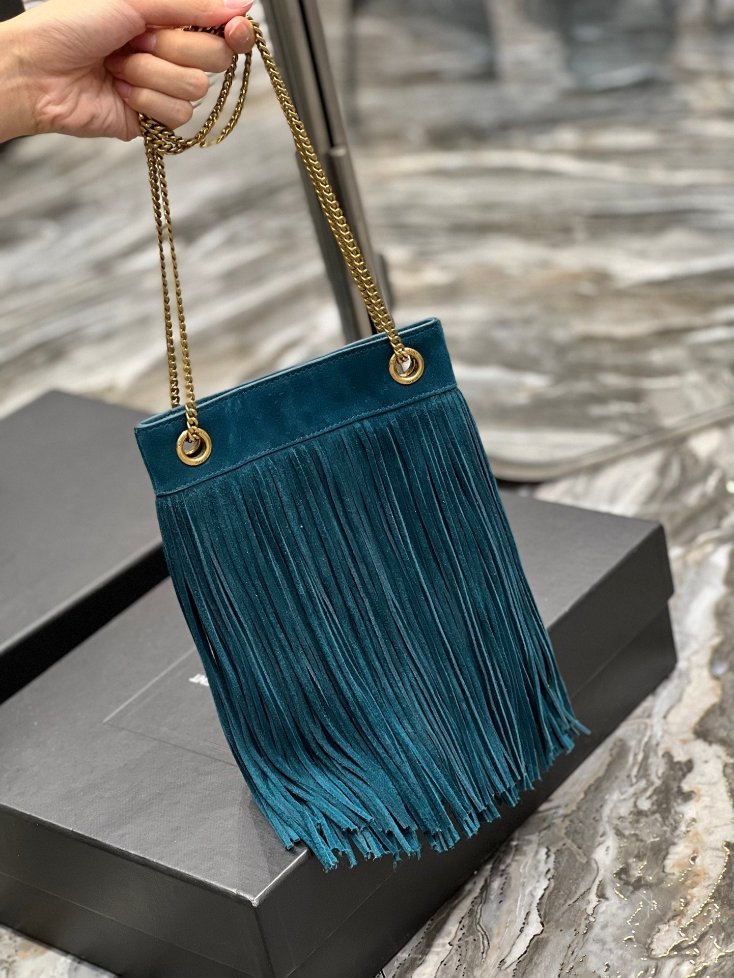 GRACE TASSEL 21 BLUE GREEN SUEDE HOBO BAG