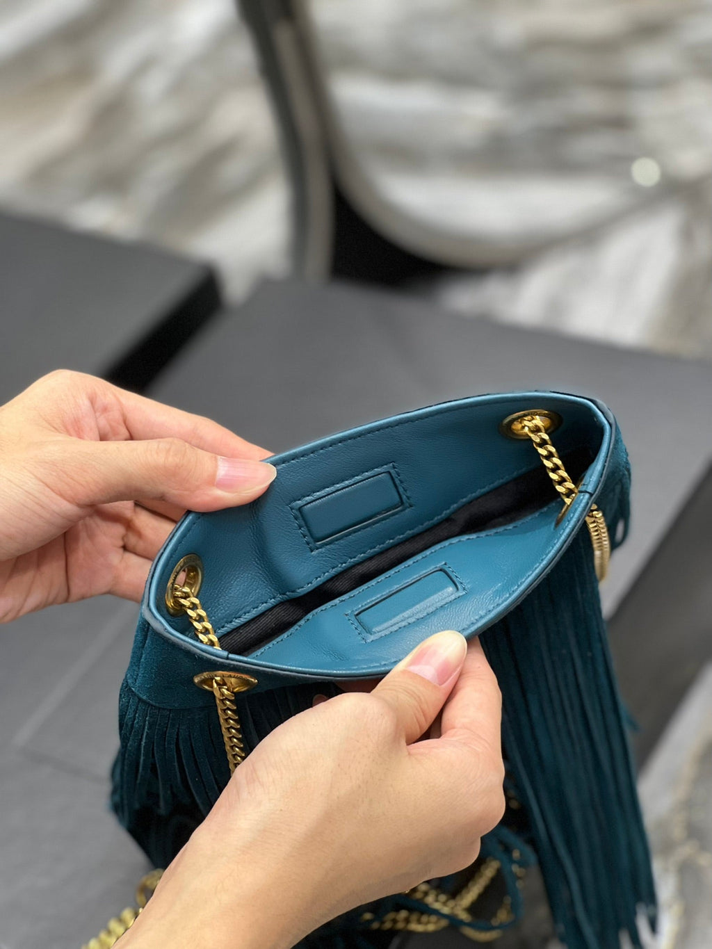 GRACE TASSEL 21 BLUE GREEN SUEDE HOBO BAG