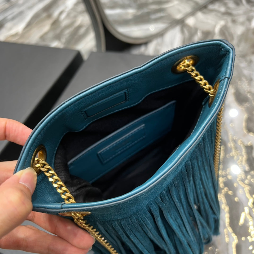GRACE TASSEL 21 BLUE GREEN SUEDE HOBO BAG