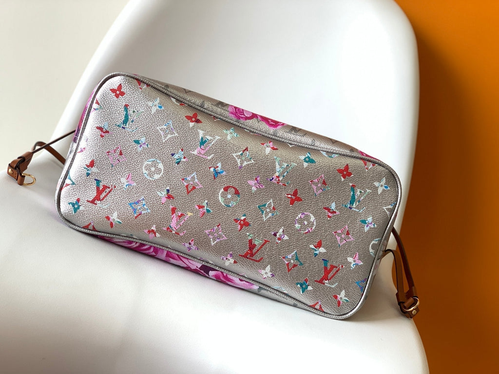 LV Neverfull MM Tote 31cm Sliver Pink Floral Pattern Leather GHW