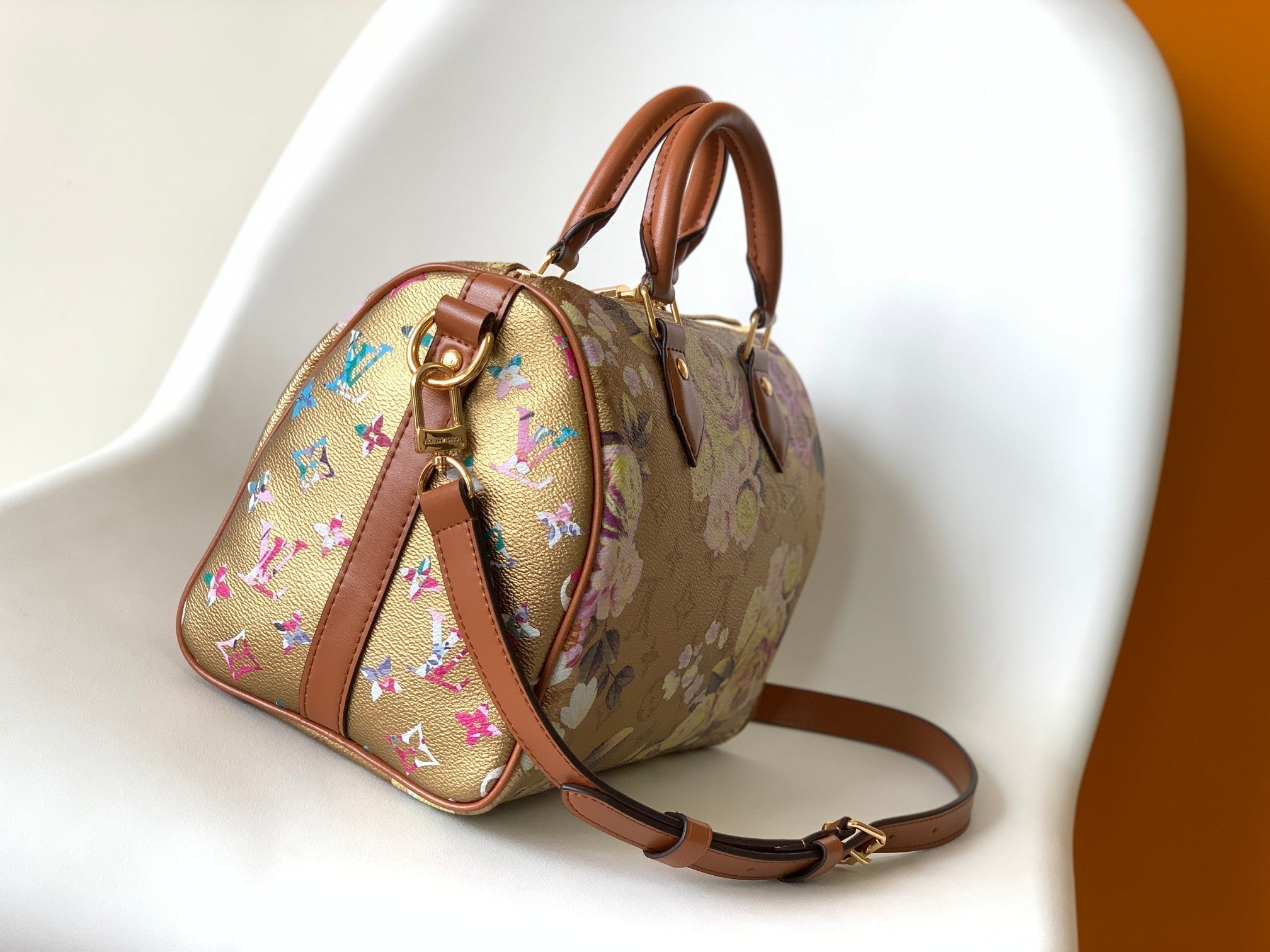 LV Speedy Bandoulière 25 Gold Floral Pattern Leather GHW