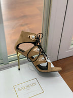 BALMAIN 25S HIGH HEELS 95MM IN LIGHT BROWN SUEDE WITH PEARL