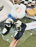 VIV' GO THICK ANKLE BOOTS IN BLACK CALFSKIN AND SHEARLING WITH GOLD BUCKLE