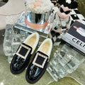 VIV' RANGERS LOAFERS IN BLACK PATENT CALFSKIN FLEECE LINING CRYSTAL BUCKLE