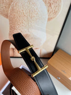 HM JUMBO BELT BUCKLE & REVERSIBLE CIDER ORANGE AND BLACK LEATHER STRAP 38 MM GOLD HARDWARE