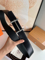 HM H D'ANCRE BELT BUCKLE & REVERSIBLE BLACK LEATHER STRAP 38 MM SILVER HARDWARE