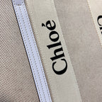 LAGRE WOODY TOTE BAG 45 IN BEIGE LINEN CANVAS BLACK WEBBING LOGO EMBROIDER WHITE CALFSKIN