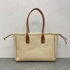 Celine Drawstring Cabas Bag Beige Brown Calfskin Textile