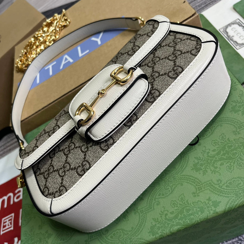 GG HORSEBIT 1955 BAG 24 IN BEIGE CANVAS AND WHITE CALFSKIN