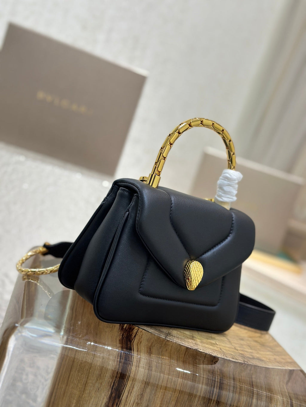 BVL Serpenti Reverse Top Handle 20cm Black Calfskin GHW 188564