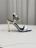 BALMAIN 25S HIGH HEELS WITH B METAL DETAIL 95MM IN LIGHT GRAY CALFSKIN