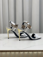 BALMAIN 25S HIGH HEELS WITH B METAL DETAIL 95MM IN LIGHT GRAY CALFSKIN
