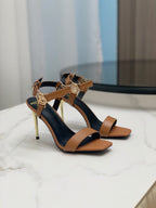 BALMAIN 25S HIGH HEELS WITH B METAL DETAIL 95MM IN CARAMEL CALFSKIN