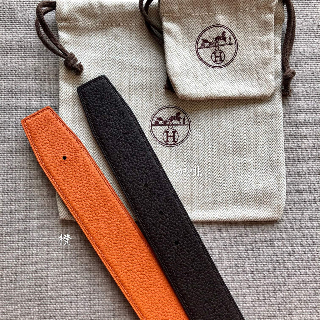 HM BELT BUCKLE & REVERSIBLE BLACK AND ORANGE LEATHER STRAP 38MM SILVER HARDWARE