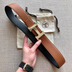 HM BELT BUCKLE & REVERSIBLE BLACK AND BRONZE BROWN LEATHER STRAP 38MM GOLD HARDWARE