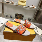FF Women Roma Signature Orange Grey Canvas Leather Slide