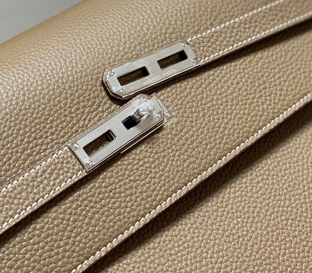KELLY DEPECHES 34 BRIEFCASE IN ETOUPE TOGO CALFSKIN SILVER HARDWARE