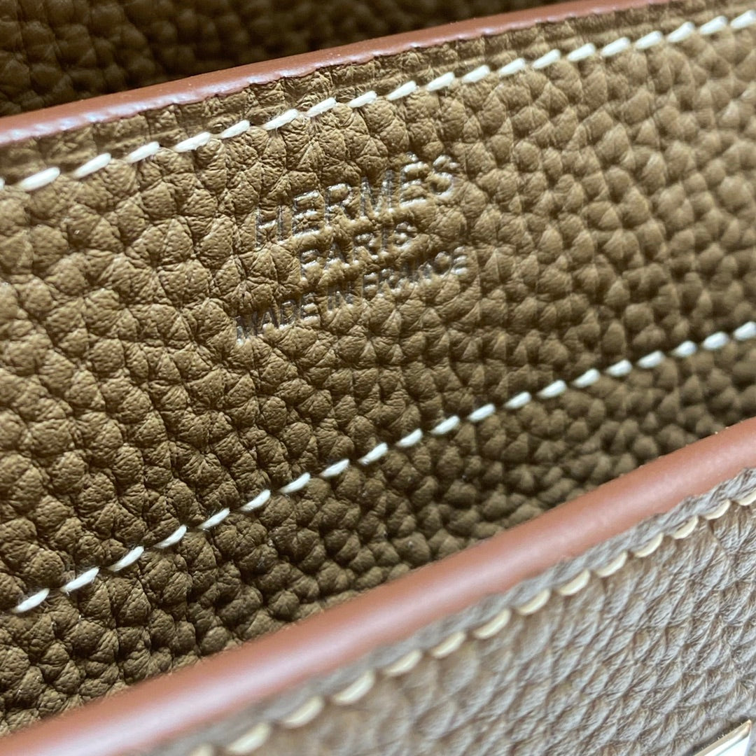 KELLY DEPECHES 34 BRIEFCASE IN ETOUPE TOGO CALFSKIN SILVER HARDWARE