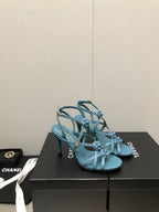 FLORAL HIGH HEEL SANDAL IN SAPPHIRE BLUE LAMBSKIN