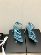 FLORAL HIGH HEEL SANDAL IN SAPPHIRE BLUE LAMBSKIN