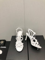 FLORAL HIGH HEEL SANDAL IN WHITE LAMBSKIN