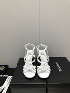 FLORAL HIGH HEEL SANDAL IN WHITE LAMBSKIN