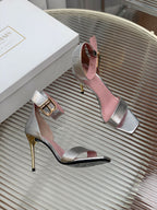BALMAIN 25S B STRAP HIGH HEEL SANDALS 95MM IN SILVER CALFSKIN