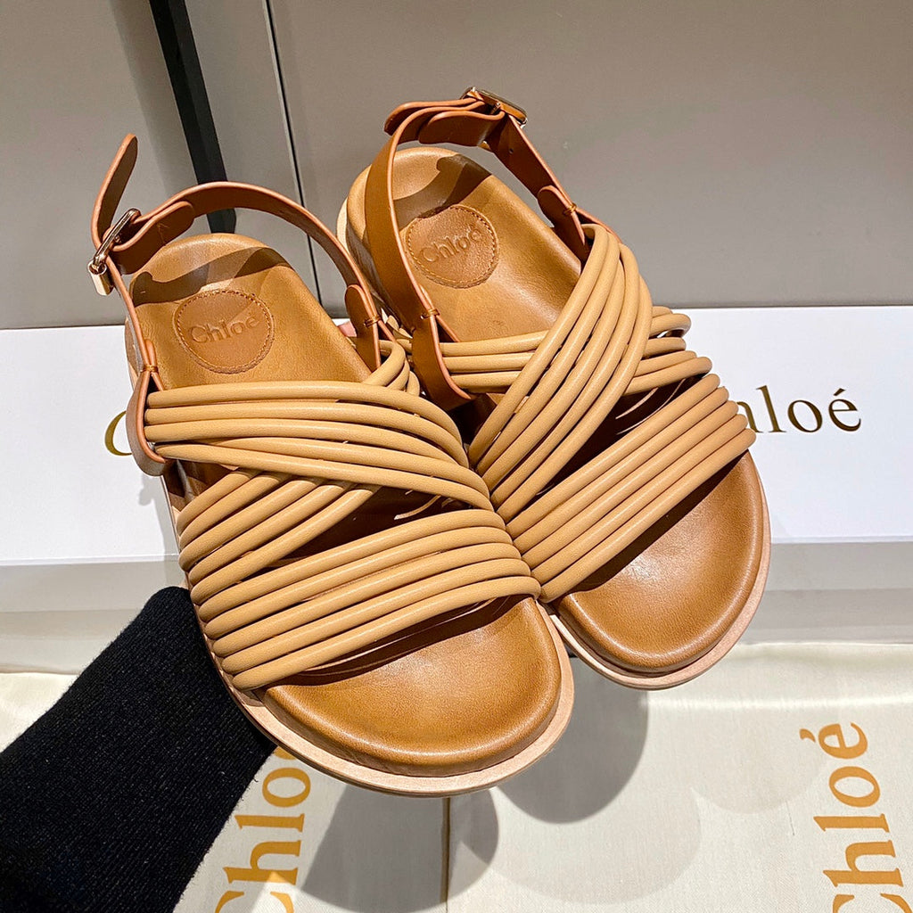 CHLOÉ CROSS STRAP SANDAL IN BRONZE BROWN RUBBER WITH GOLD HARDWARE