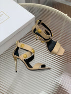 BALMAIN 25S CROSSOVER STRAP HIGH HEELS 95MM IN LIGHT BROWN CALFSKIN
