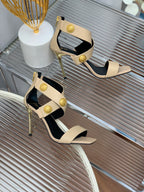 BALMAIN 25S CROSSOVER STRAP HIGH HEELS 95MM IN LIGHT BROWN CALFSKIN