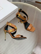 BALMAIN 25S CROSSOVER STRAP HIGH HEELS 95MM IN BROWN CALFSKIN