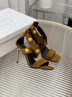 BALMAIN 25S CROSSOVER STRAP HIGH HEELS 95MM IN BROWN SUEDE