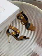 BALMAIN 25S CROSSOVER STRAP HIGH HEELS 95MM IN BROWN SUEDE