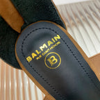 BALMAIN 25S CROSSOVER STRAP HIGH HEELS 95MM IN BROWN SUEDE