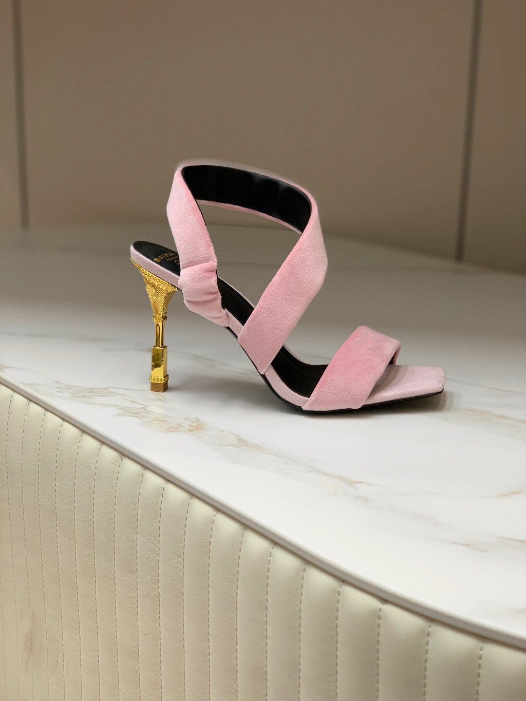 BALMAIN 25S MONETA HEELED SANDALS 95MM IN BABY PINK VELVET