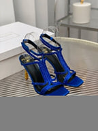 BALMAIN 25S MONETA SANDAL 95MM IN DARK BLUE CALFSKIN WITH CRYSTAL
