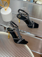 BALMAIN 25S MONETA SANDAL 95MM IN BLACK CALFSKIN WITH CRYSTAL