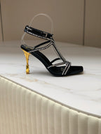 BALMAIN 25S MONETA SANDAL 95MM IN BLACK CALFSKIN WITH CRYSTAL