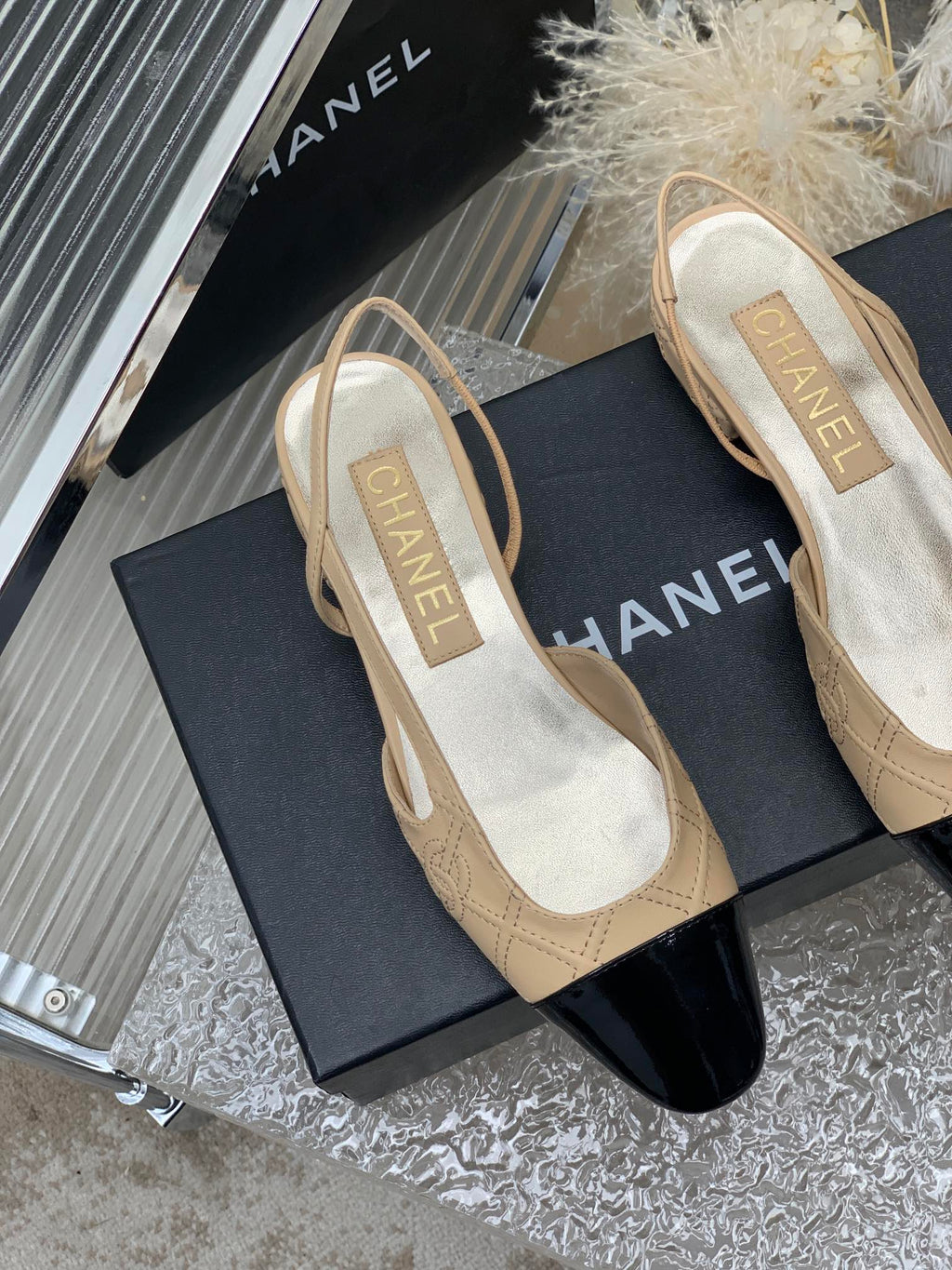 SLINGBACKS 20 BEIGE CREAM MIX BLACK CALFSKIN