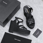 YSL TRIBUTE ESPADRILLE WEDGE SANDALS 105MM IN BLACK CALFSKIN
