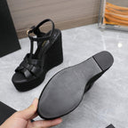 YSL TRIBUTE ESPADRILLE WEDGE SANDALS 105MM IN BLACK CALFSKIN