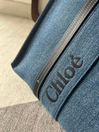 LAGRE WOODY TOTE BAG 45 IN BLUE DENIM BLACK CALFSKIN
