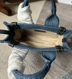 MINI WOODY TOTE BAG 20 IN BLUE DENIM BLACK CALFSKIN